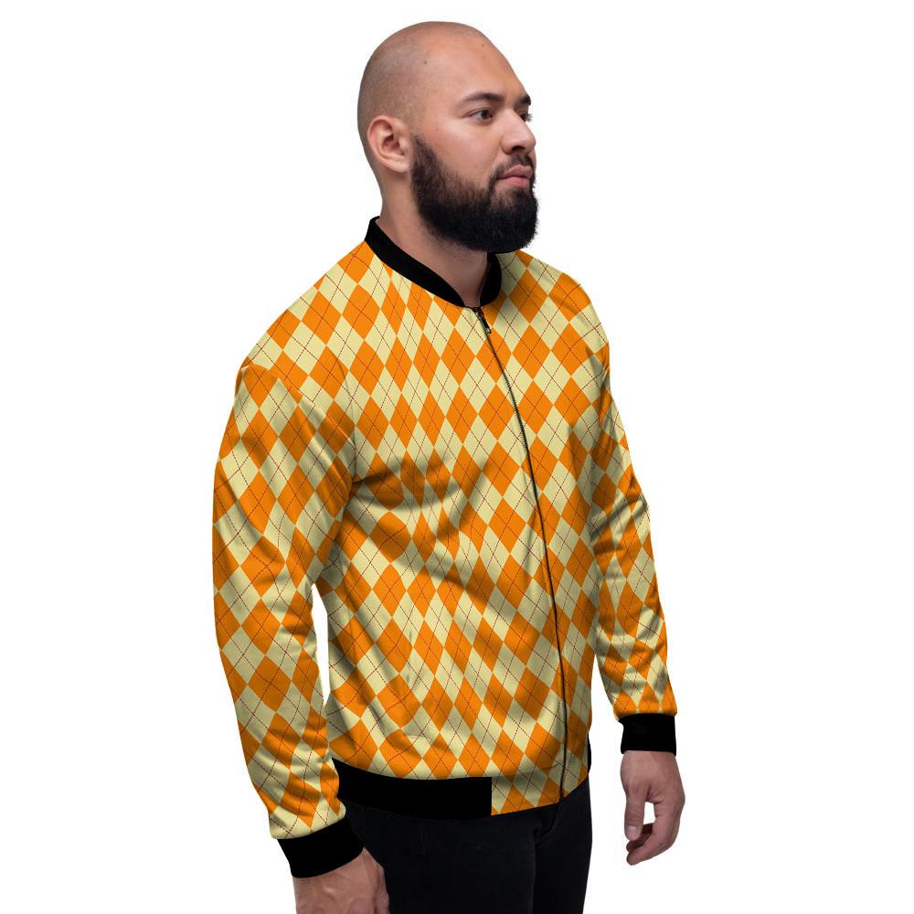Argyle Orange Print Pattern Men's Bomber Jacket-grizzshop