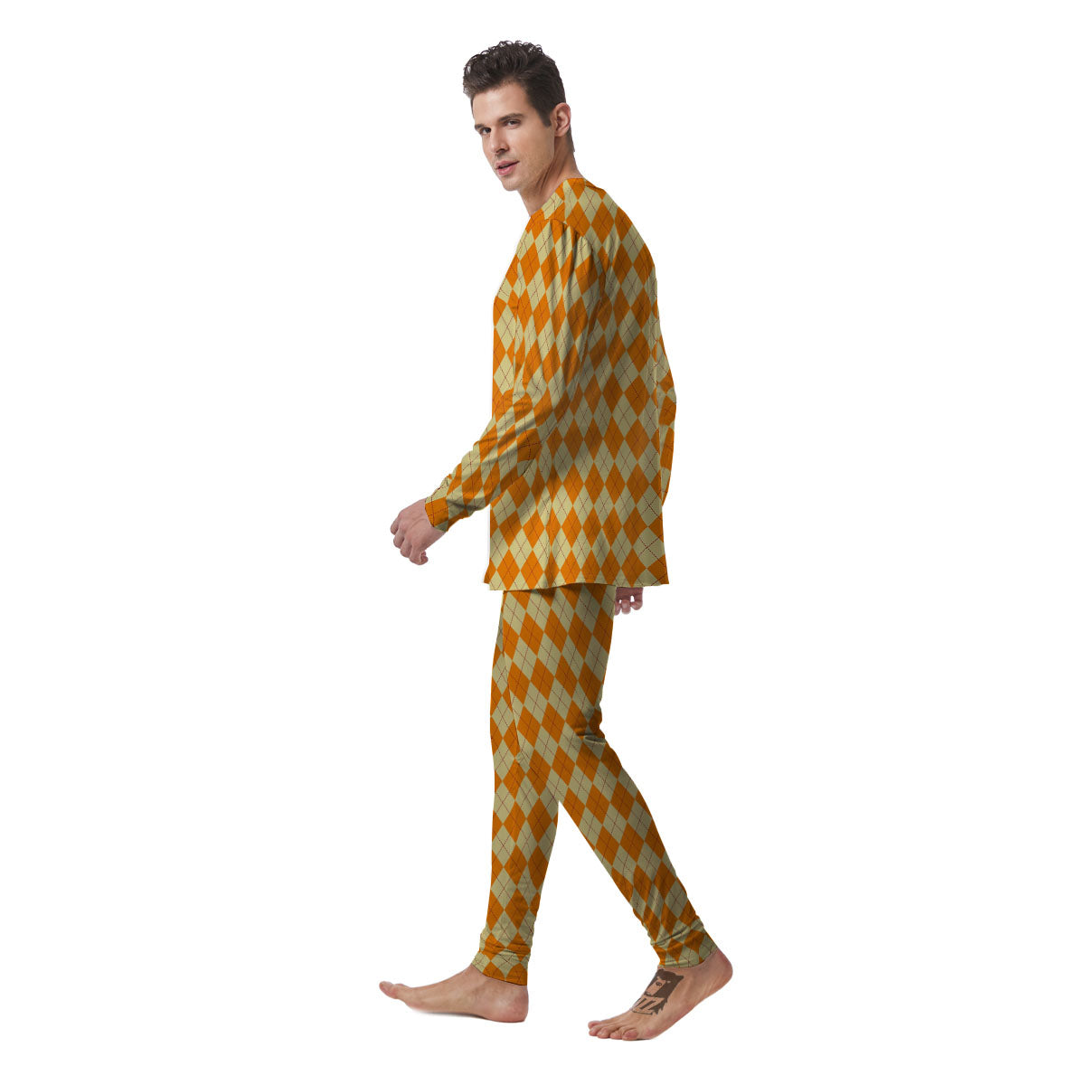 Argyle Orange Print Pattern Men's Pajamas-grizzshop