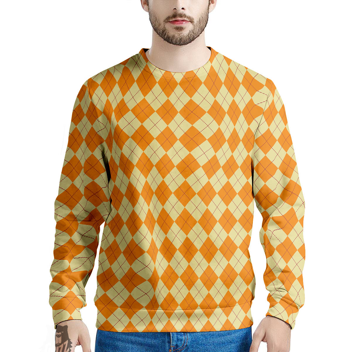 Argyle Orange Print Pattern Men's Sweatshirt-grizzshop