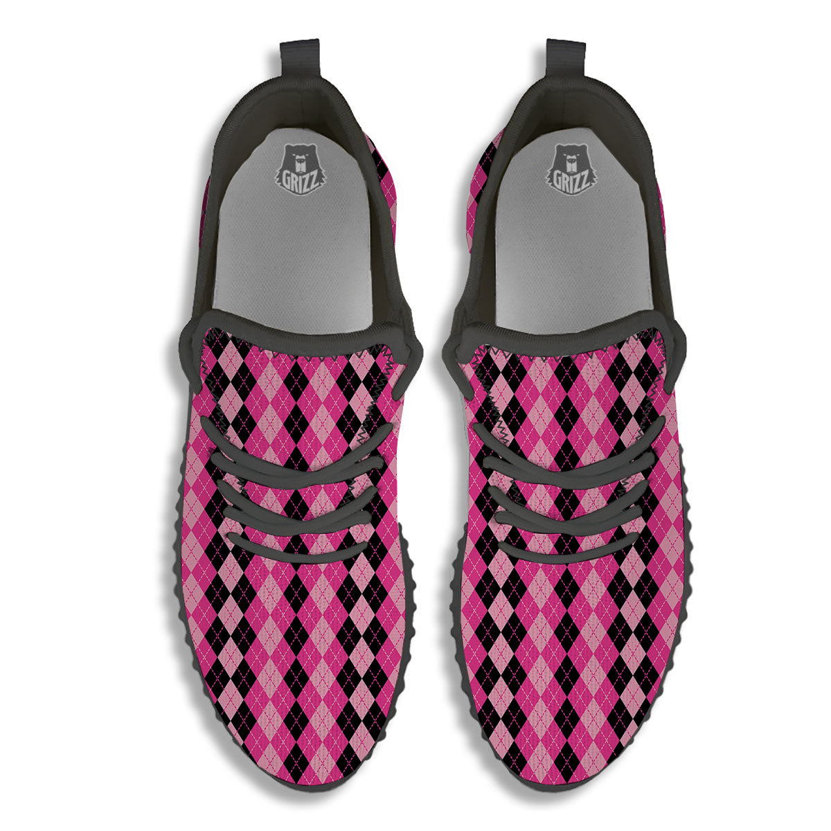 Argyle Pink And Black Print Pattern Black Walking Shoes-grizzshop
