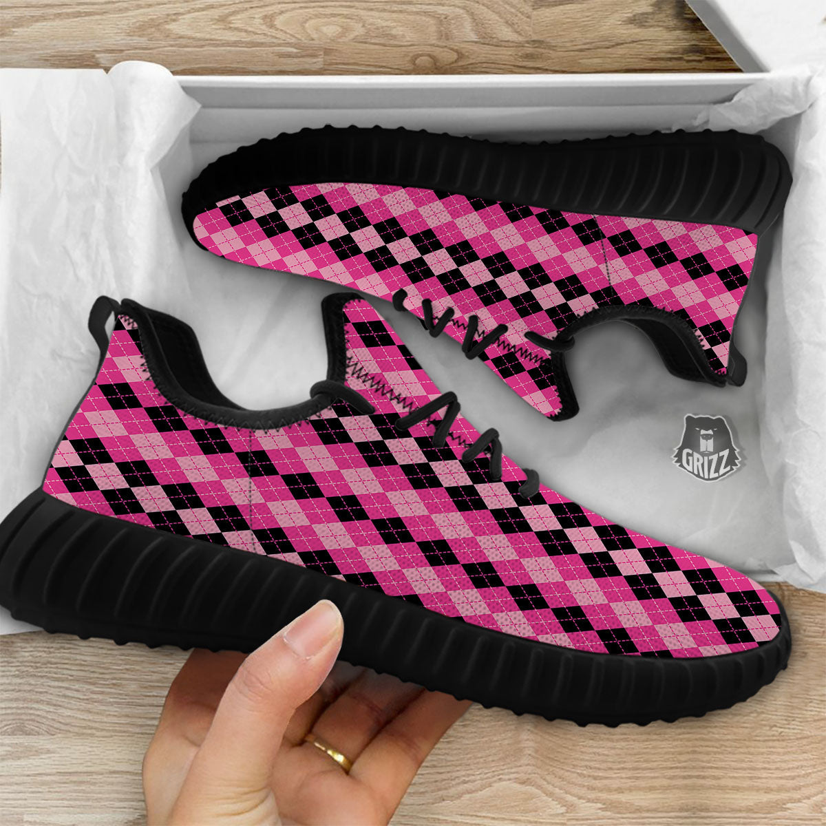 Argyle Pink And Black Print Pattern Black Walking Shoes-grizzshop