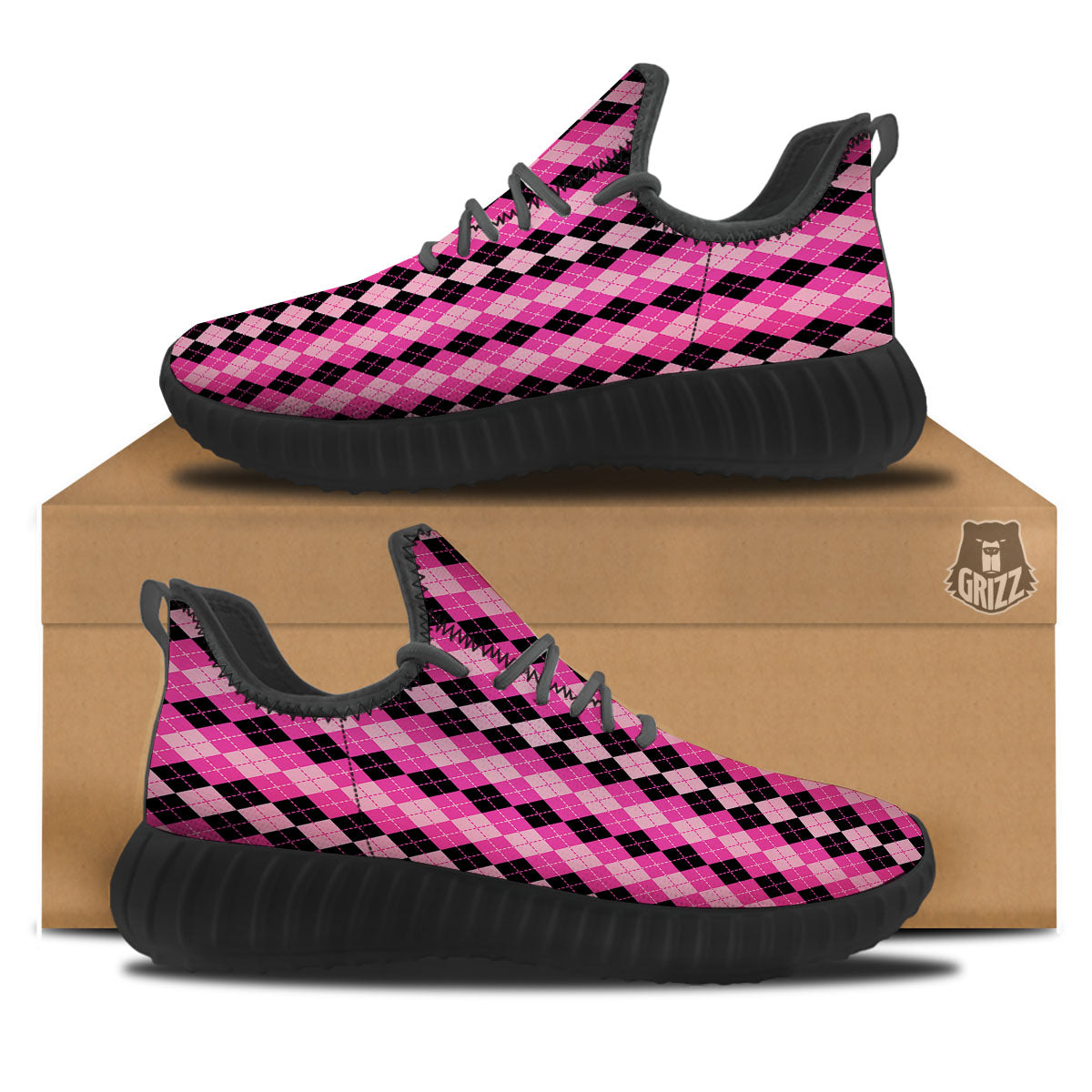 Argyle Pink And Black Print Pattern Black Walking Shoes-grizzshop