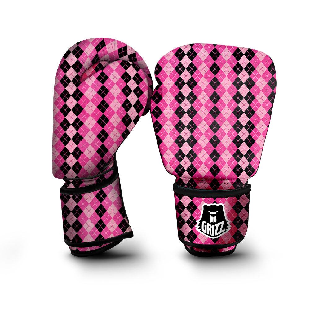 Argyle Pink And Black Print Pattern Boxing Gloves-grizzshop