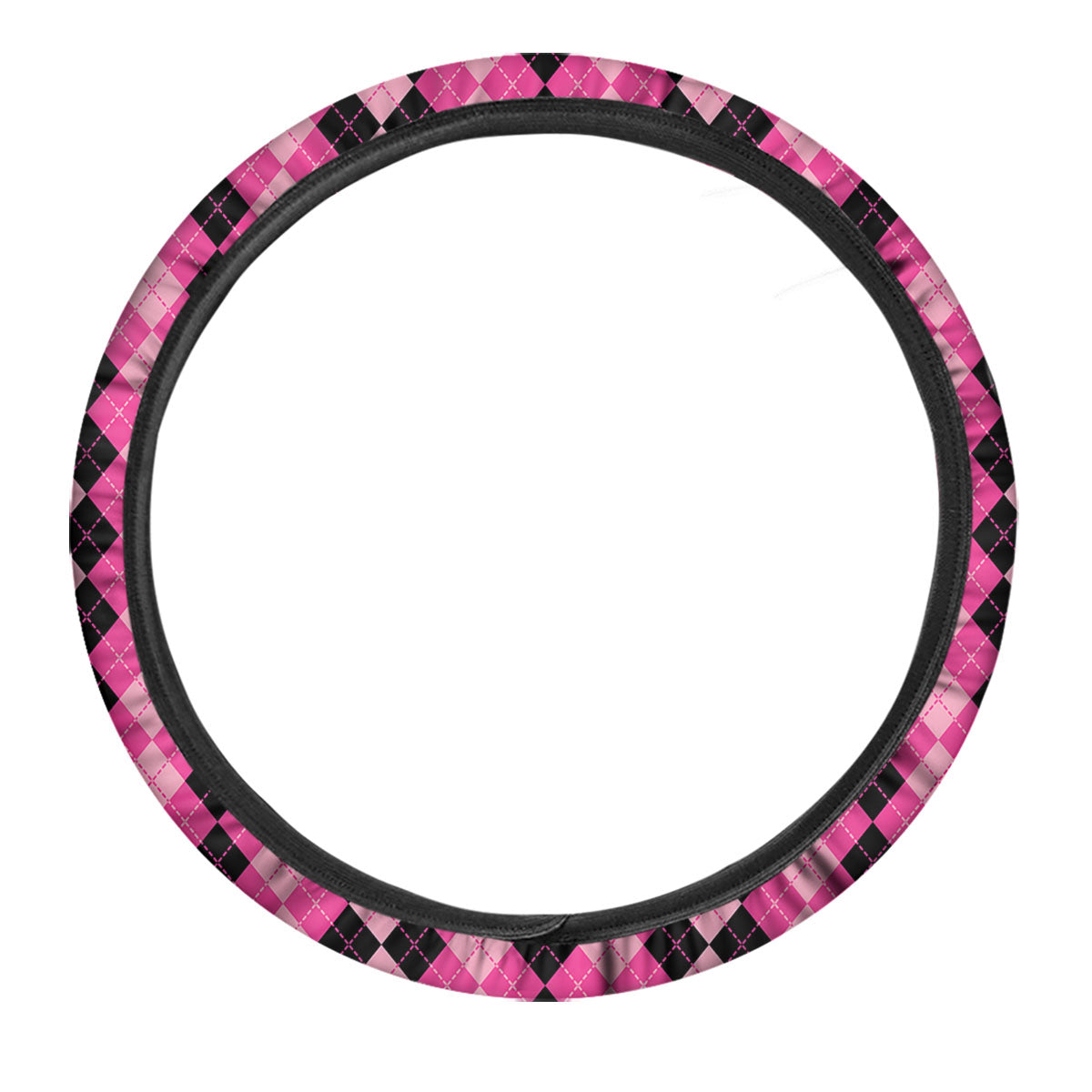 Argyle Pink And Black Print Pattern Car Steering Wheel Cover-grizzshop