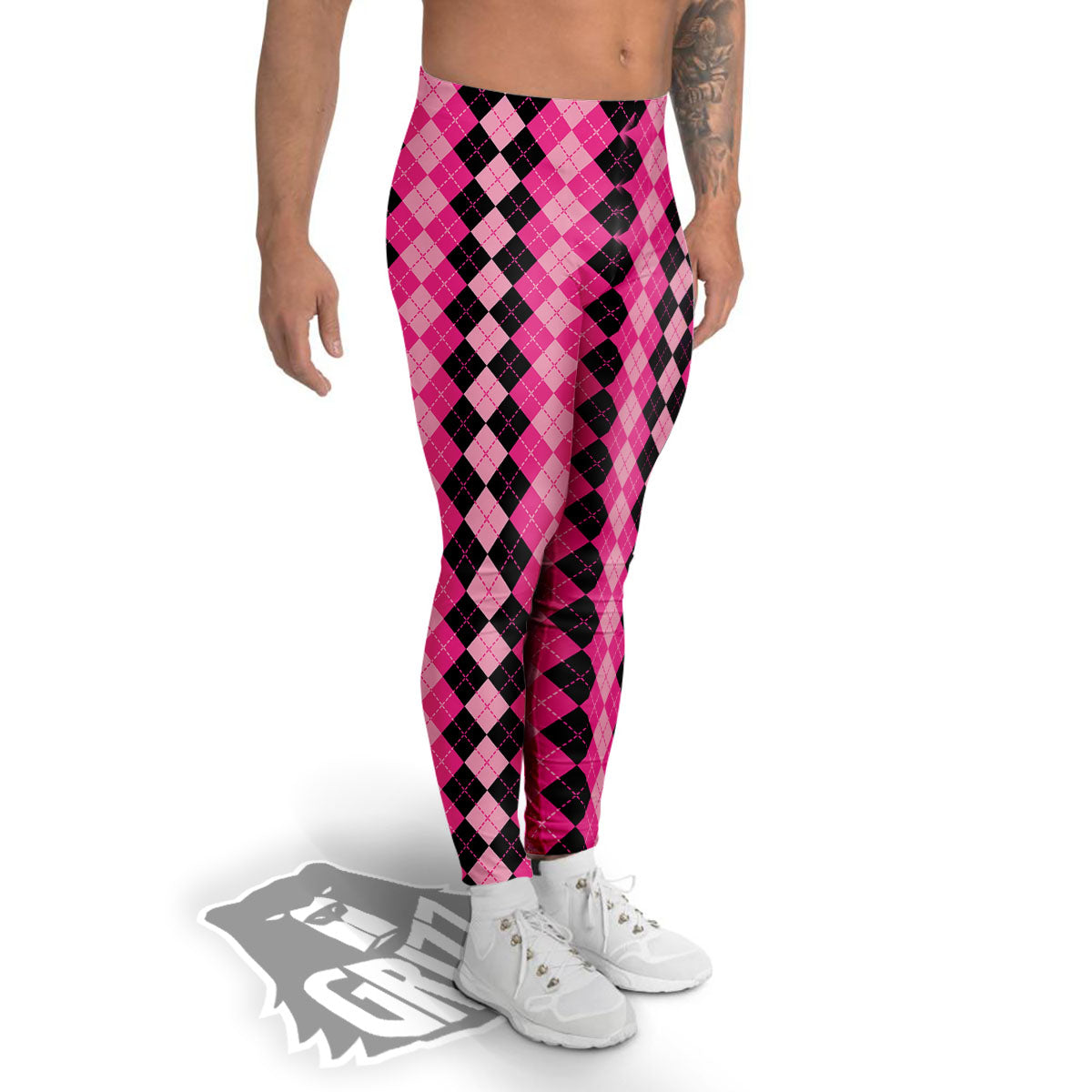 Argyle Pink And Black Print Pattern Men's Leggings-grizzshop