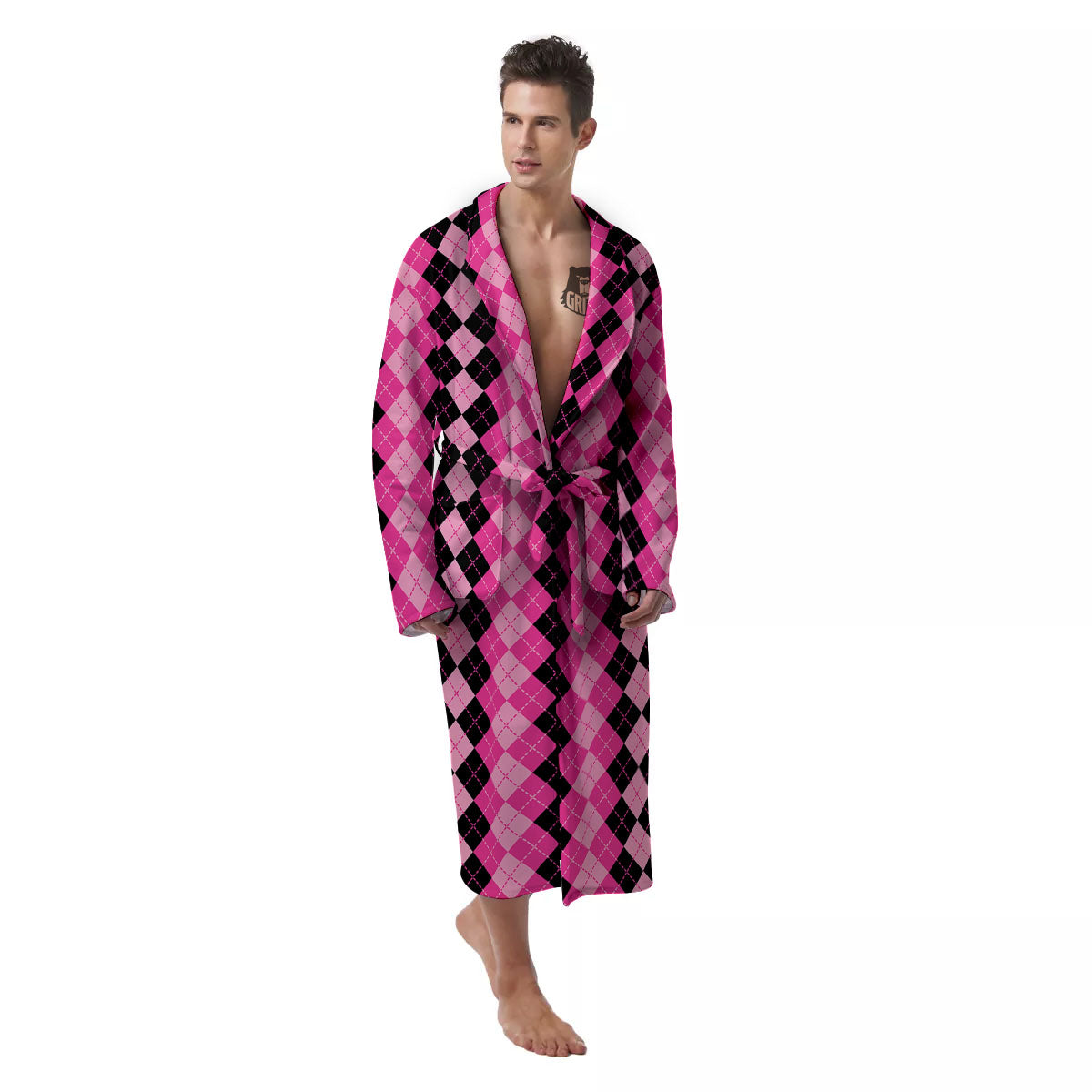 Argyle Pink And Black Print Pattern Men's Robe-grizzshop