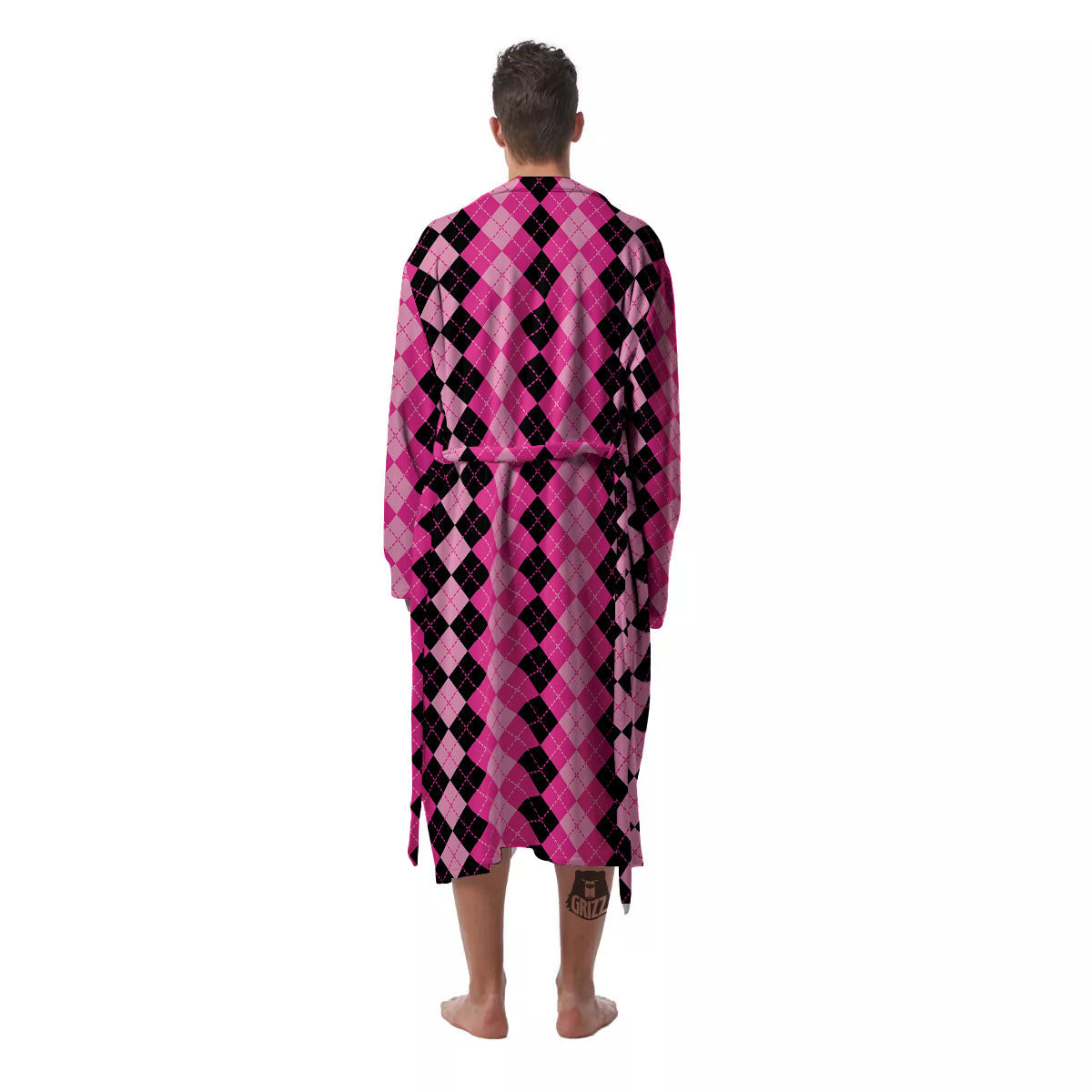 Argyle Pink And Black Print Pattern Men's Robe-grizzshop