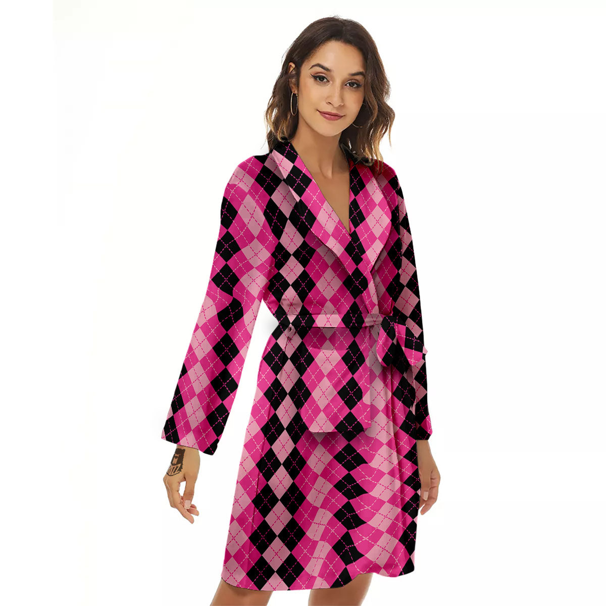 Argyle Pink And Black Print Pattern Women's Robe-grizzshop