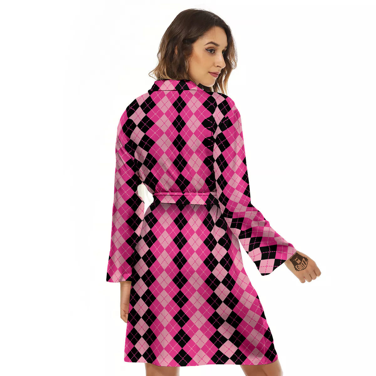 Argyle Pink And Black Print Pattern Women's Robe-grizzshop