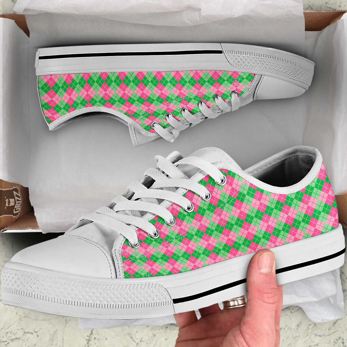 Argyle Pink And Green Print Pattern White Low Top Shoes-grizzshop