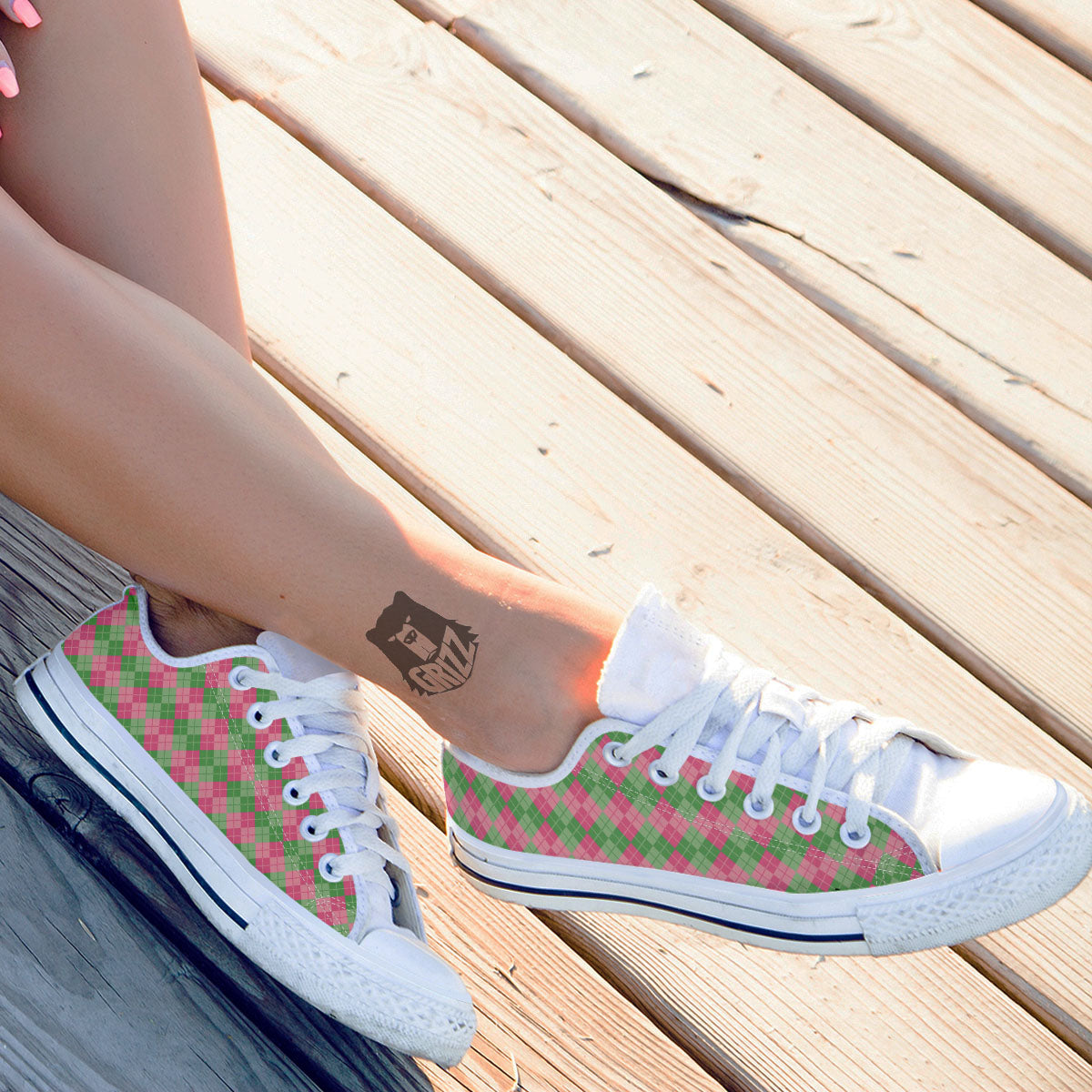 Argyle Pink And Green Print Pattern White Low Top Shoes-grizzshop