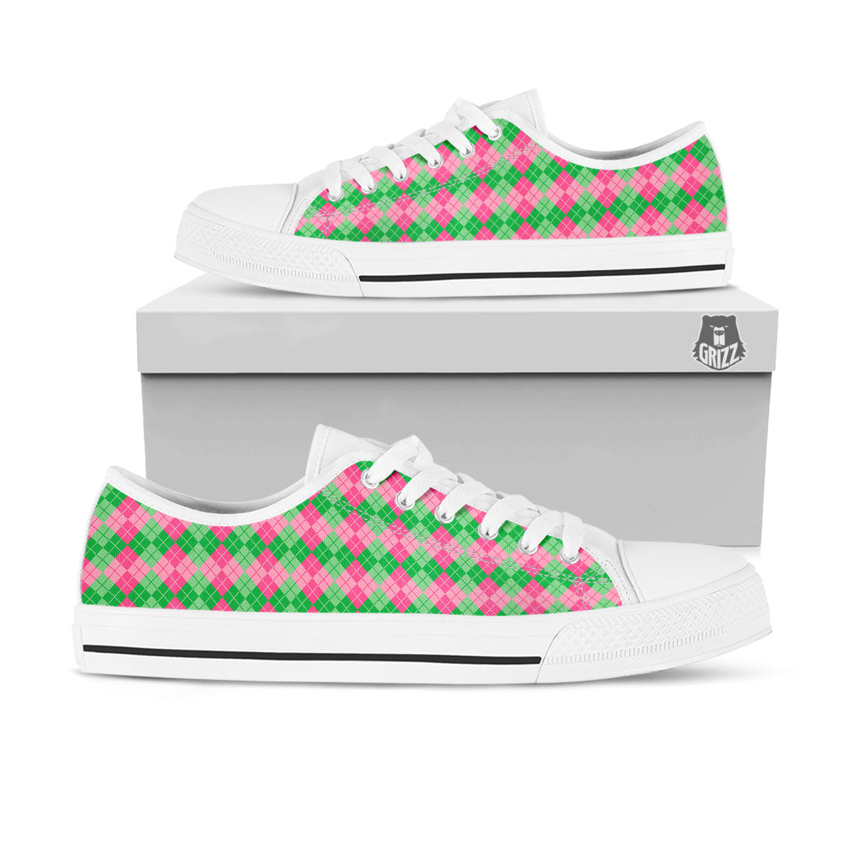 Argyle Pink And Green Print Pattern White Low Top Shoes-grizzshop