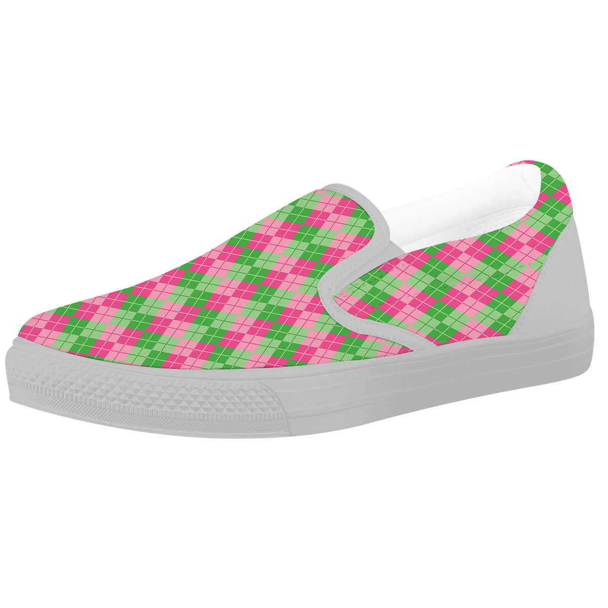 Argyle Pink And Green Print Pattern White Slip On Shoes-grizzshop