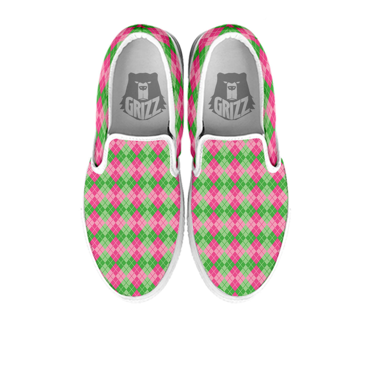 Argyle Pink And Green Print Pattern White Slip On Shoes-grizzshop