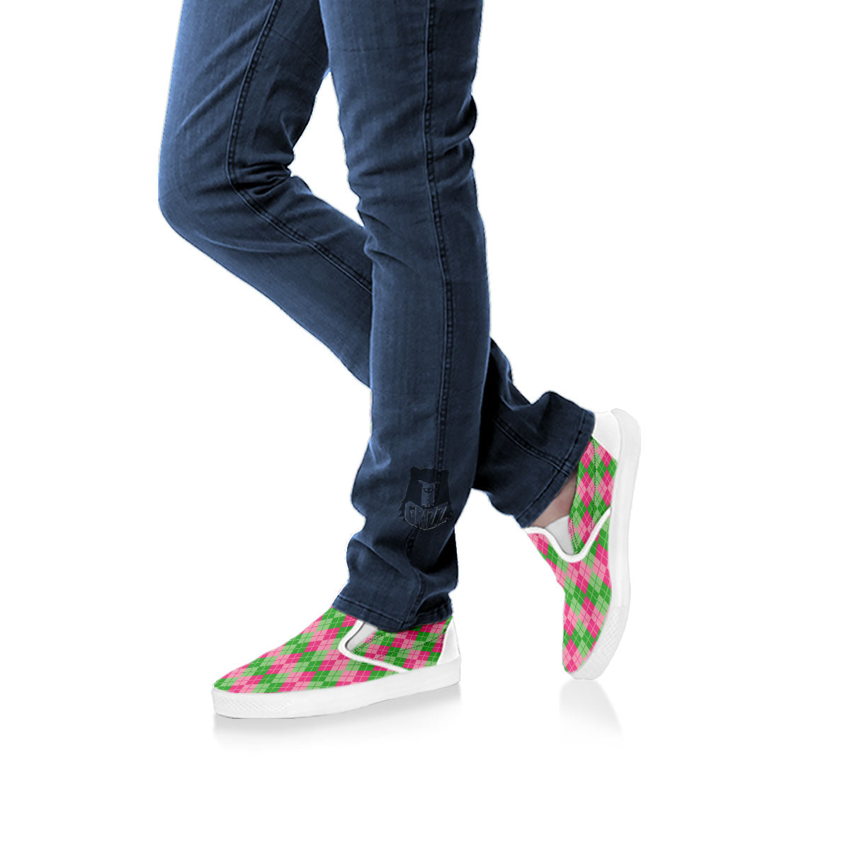 Argyle Pink And Green Print Pattern White Slip On Shoes-grizzshop