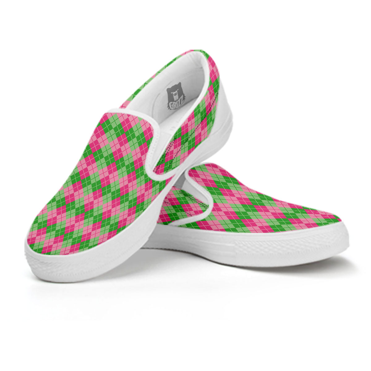 Argyle Pink And Green Print Pattern White Slip On Shoes-grizzshop