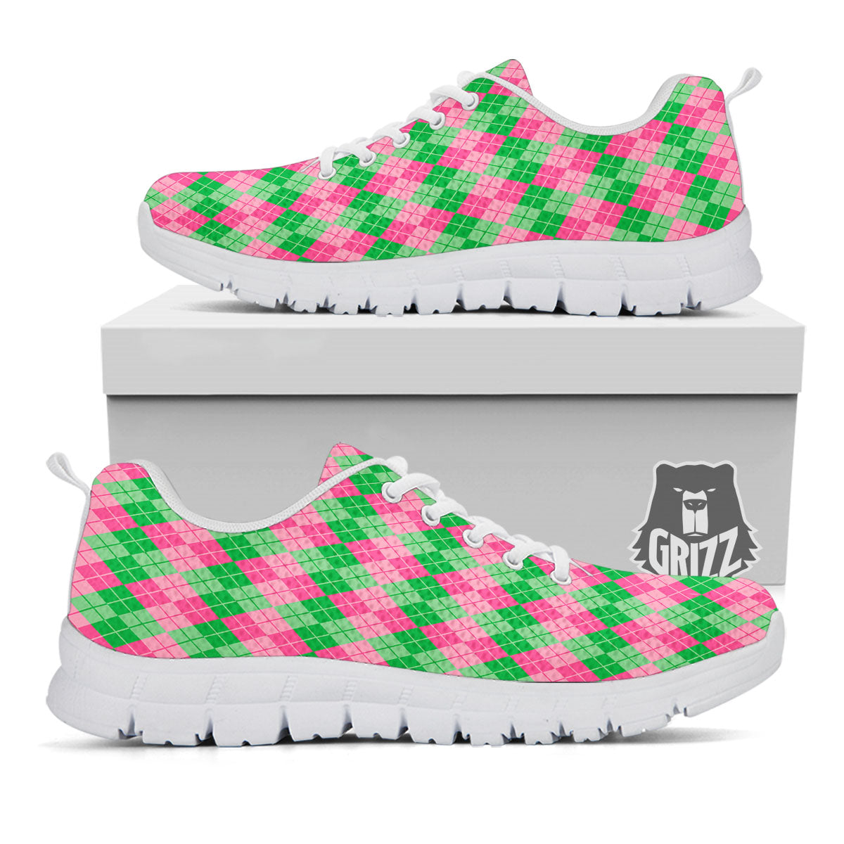 Argyle Pink And Green Print Pattern White Sneaker-grizzshop