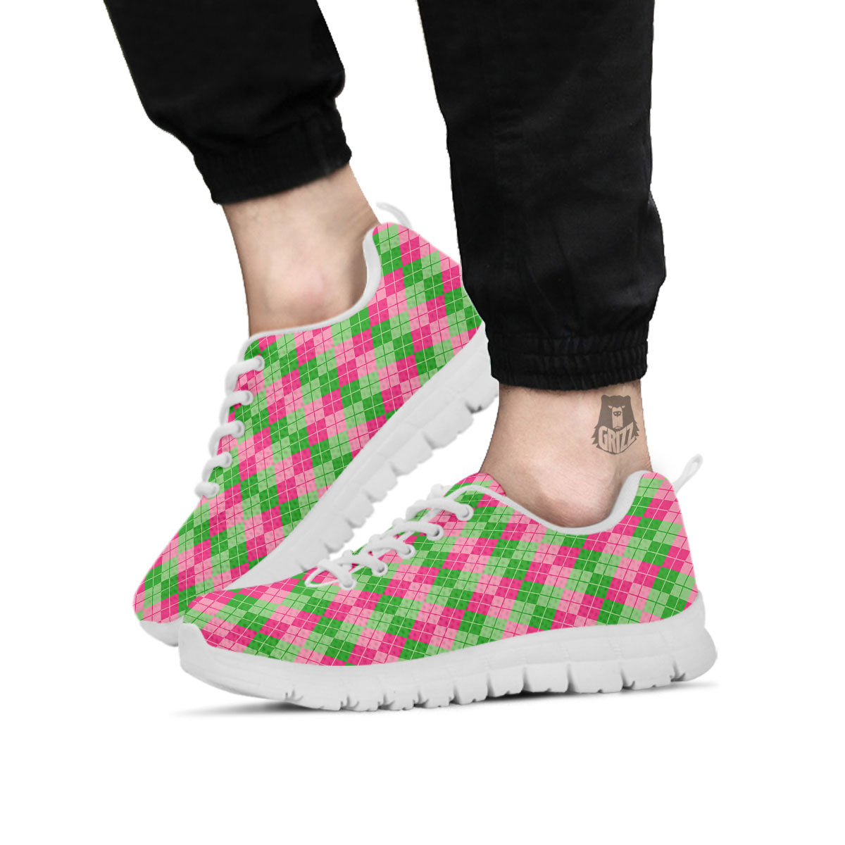 Argyle Pink And Green Print Pattern White Sneaker-grizzshop