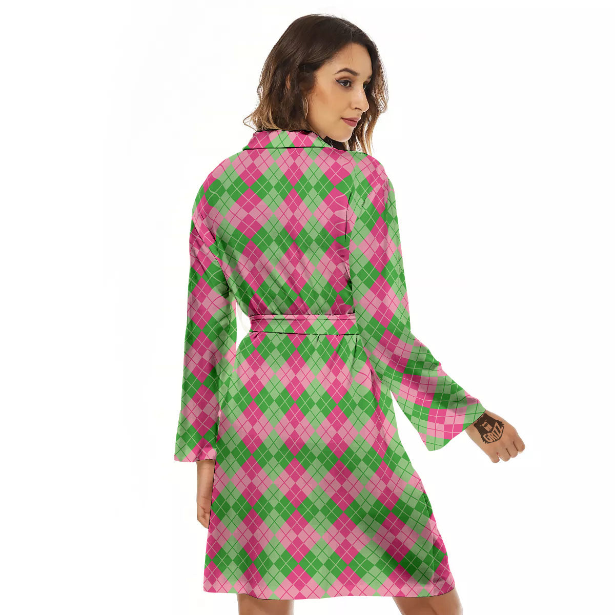 Argyle Pink And Green Print Pattern Women's Robe-grizzshop