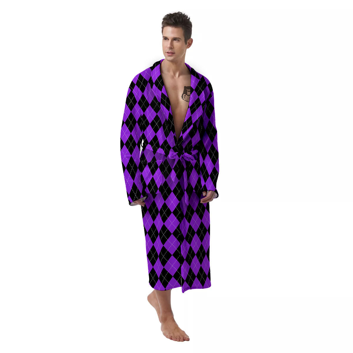 Argyle Purple And Black Print Pattern Men's Robe-grizzshop