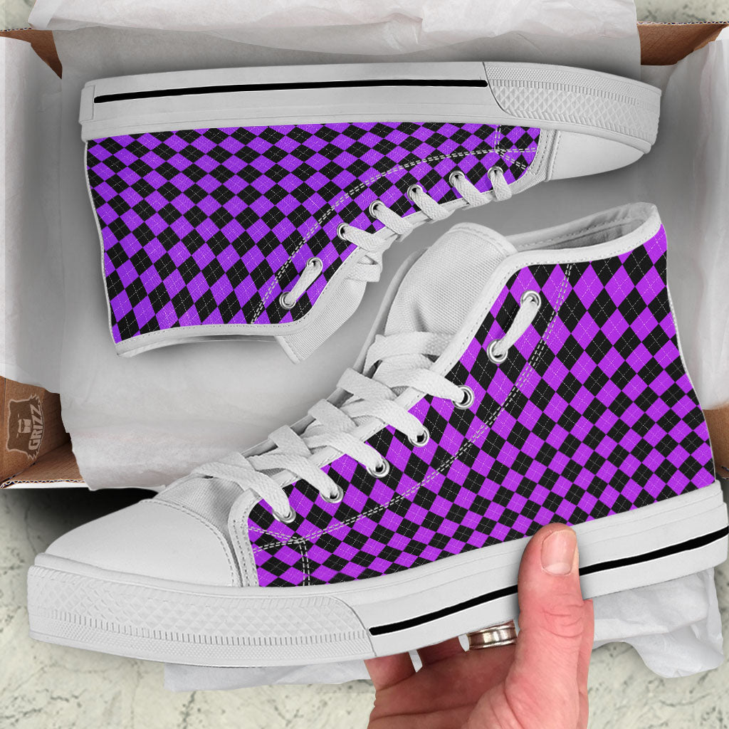 Argyle Purple And Black Print Pattern White High Top Shoes-grizzshop