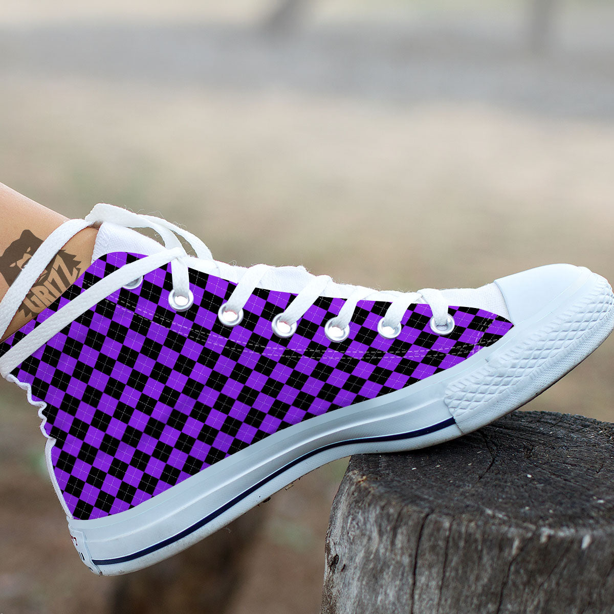 Argyle Purple And Black Print Pattern White High Top Shoes-grizzshop