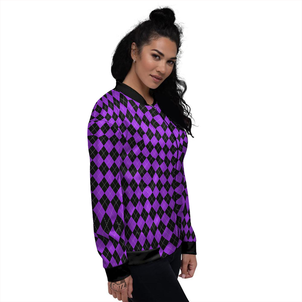 Argyle Purple And Black Print Pattern Women's Bomber Jacket-grizzshop
