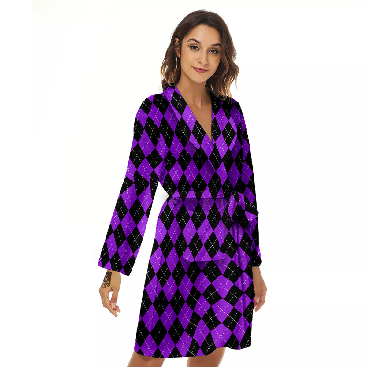 Argyle Purple And Black Print Pattern Women's Robe-grizzshop