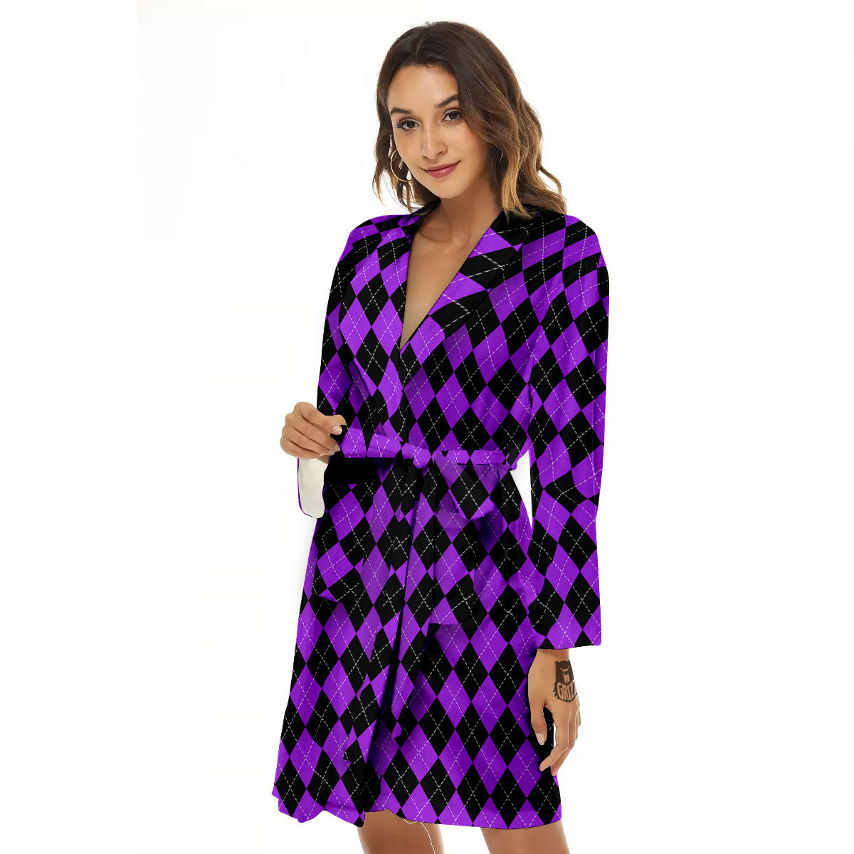 Argyle Purple And Black Print Pattern Women's Robe-grizzshop