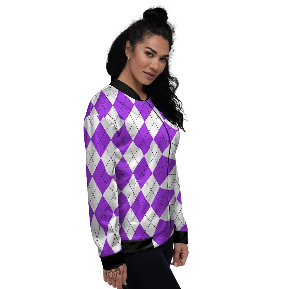 Argyle Purple And White Print Pattern Women's Bomber Jacket-grizzshop