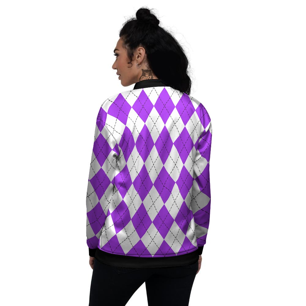 Argyle Purple And White Print Pattern Women's Bomber Jacket-grizzshop