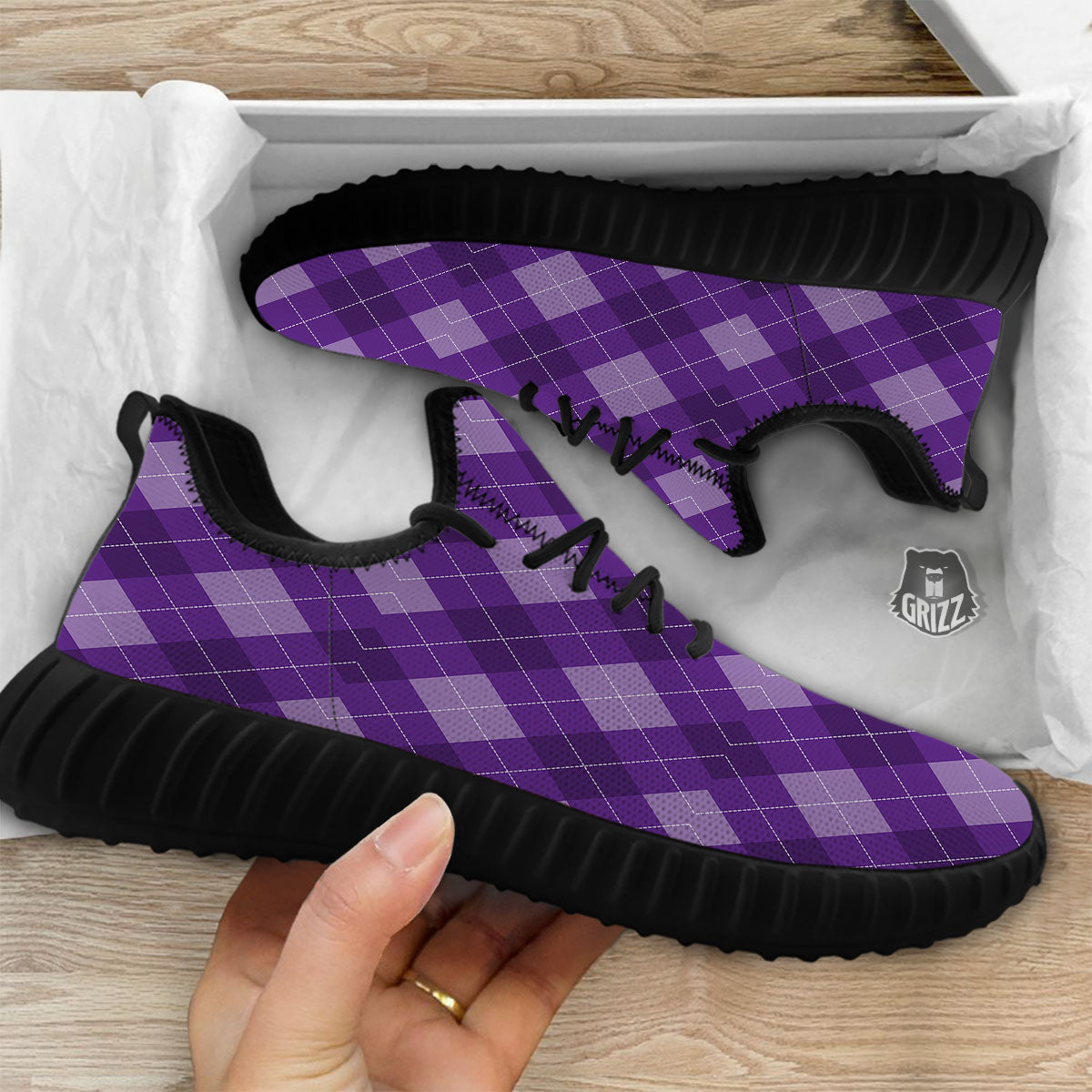 Argyle Purple Print Pattern Black Walking Shoes-grizzshop