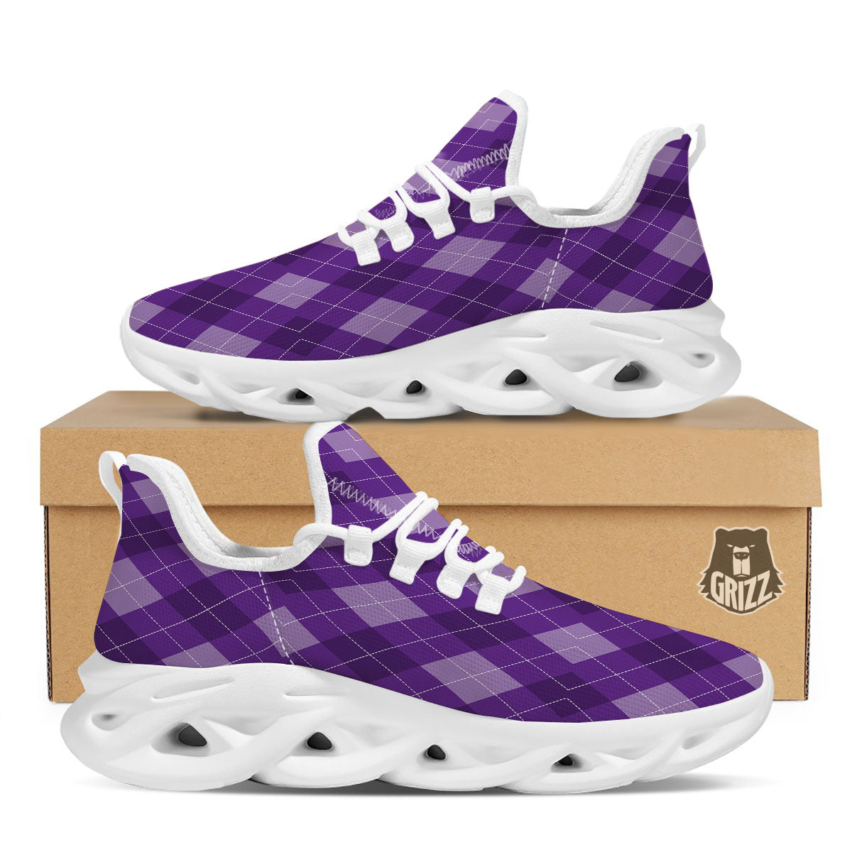 Argyle Purple Print Pattern White Running Shoes-grizzshop