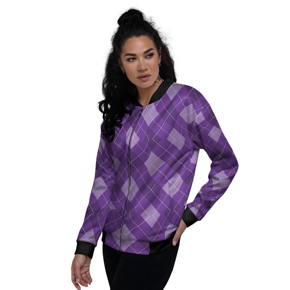 Argyle Purple Print Pattern Women's Bomber Jacket-grizzshop
