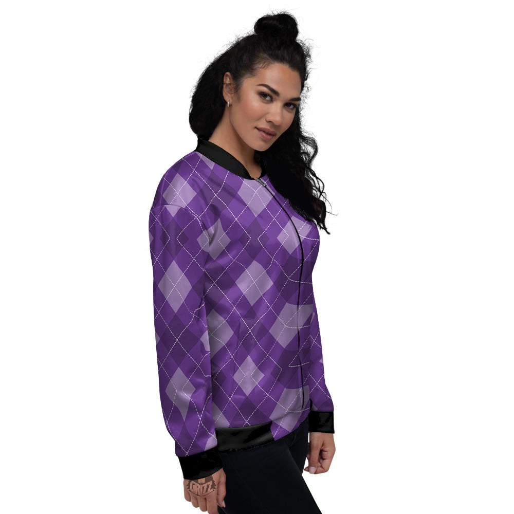 Argyle Purple Print Pattern Women's Bomber Jacket-grizzshop