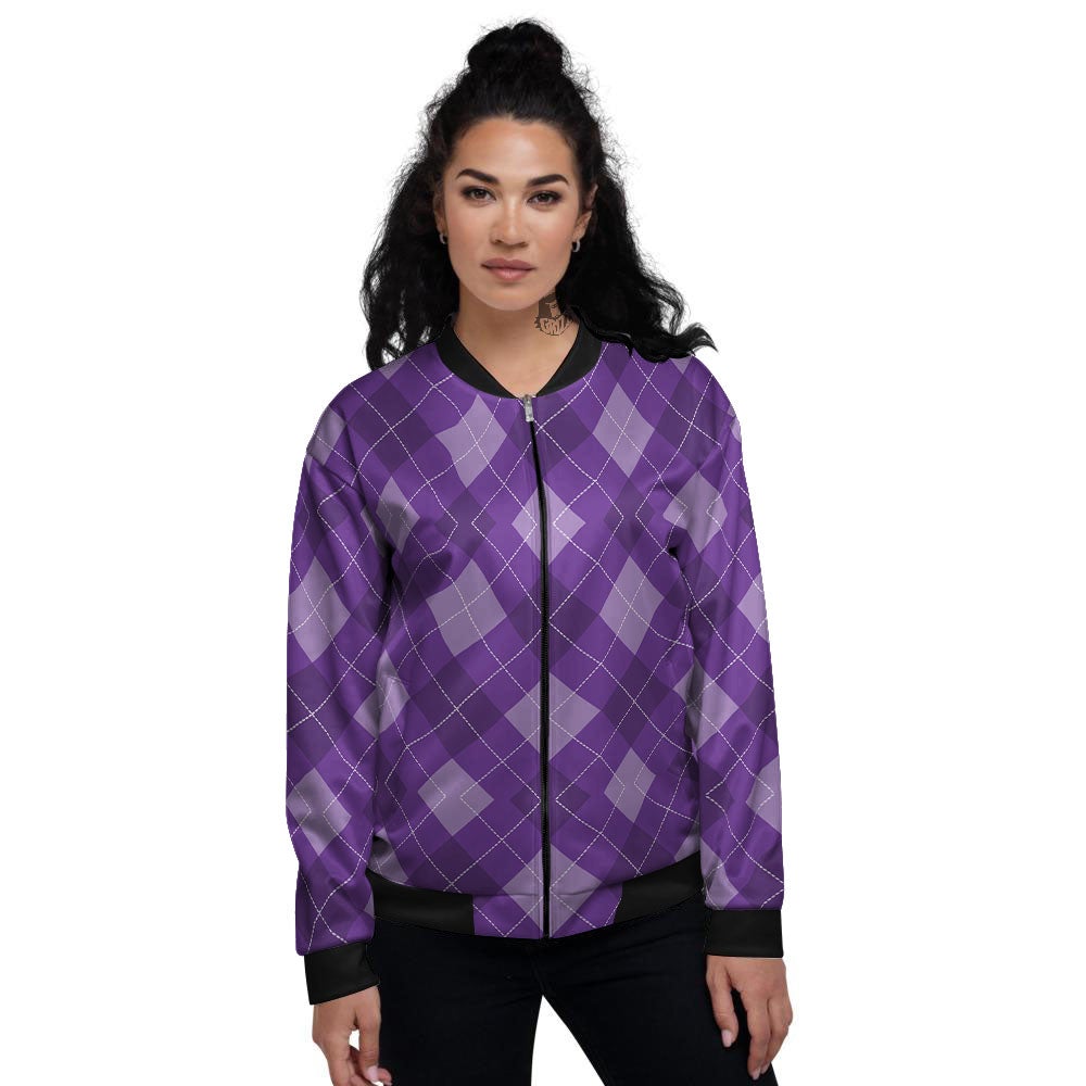 Argyle Purple Print Pattern Women's Bomber Jacket-grizzshop