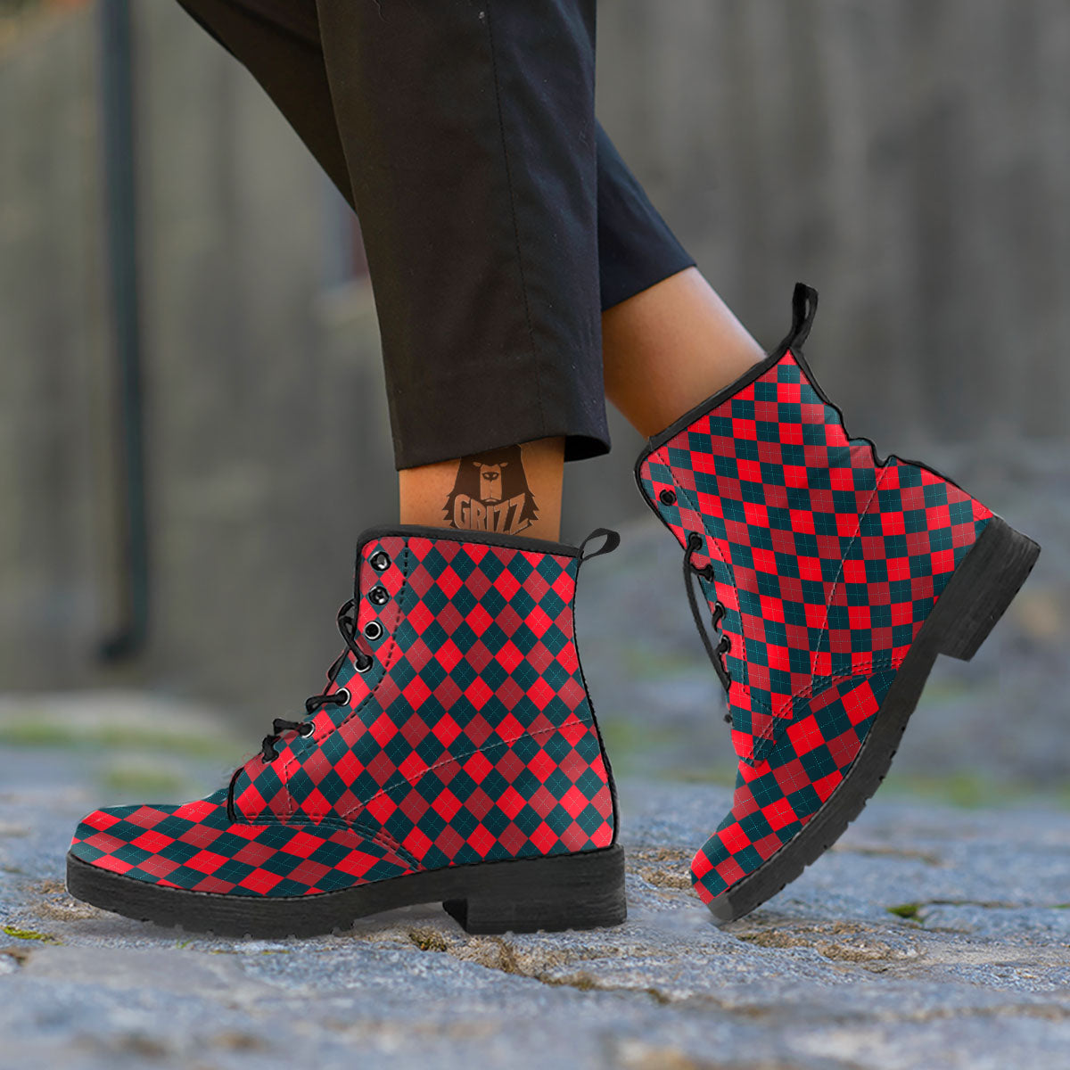 Argyle Red And Black Print Pattern Leather Boots-grizzshop