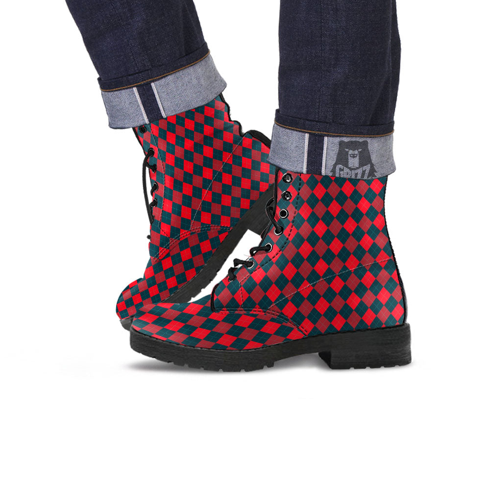Argyle Red And Black Print Pattern Leather Boots-grizzshop