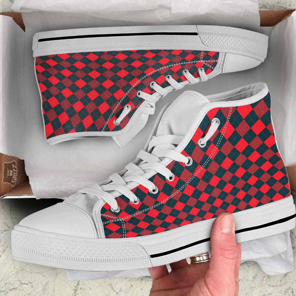 Argyle Red And Black Print Pattern White High Top Shoes-grizzshop