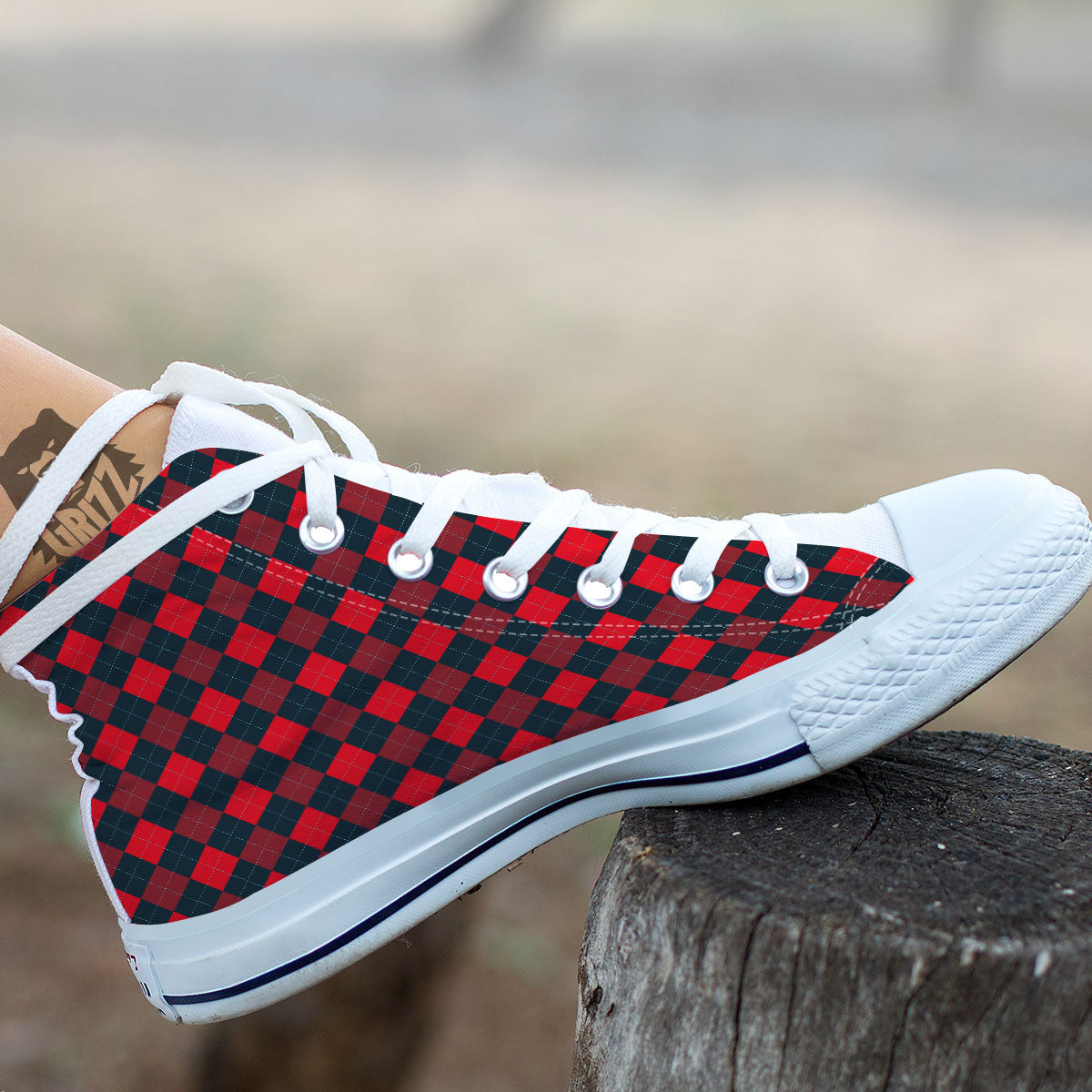 Argyle Red And Black Print Pattern White High Top Shoes-grizzshop