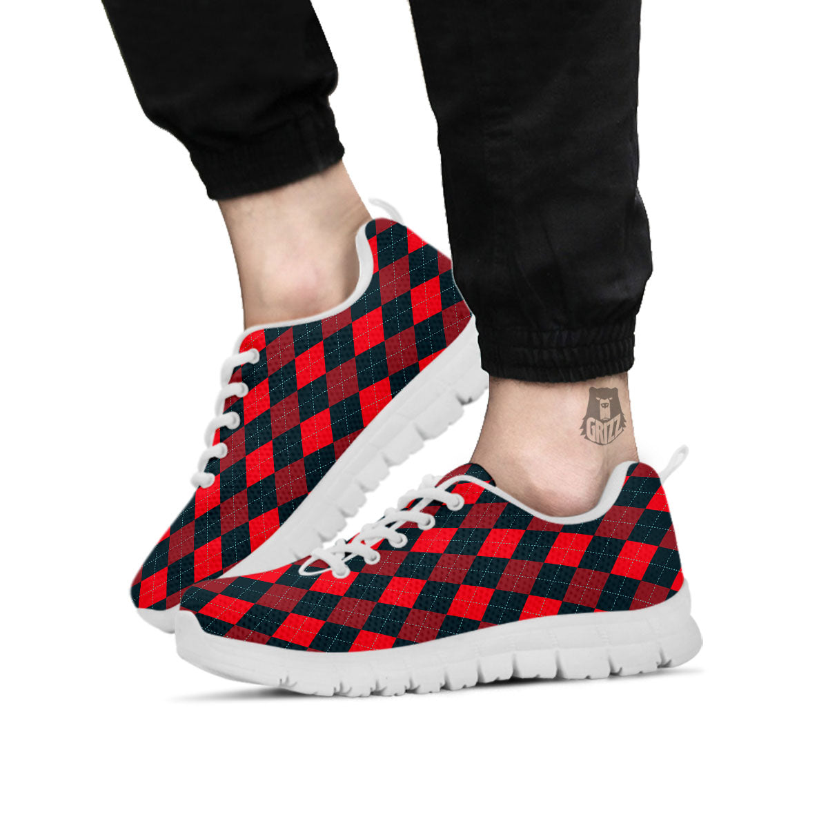 Argyle Red And Black Print Pattern White Sneaker-grizzshop