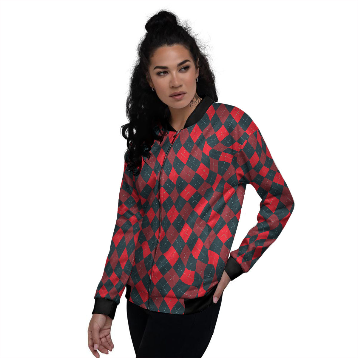 Argyle Red And Black Print Pattern Women's Bomber Jacket-grizzshop