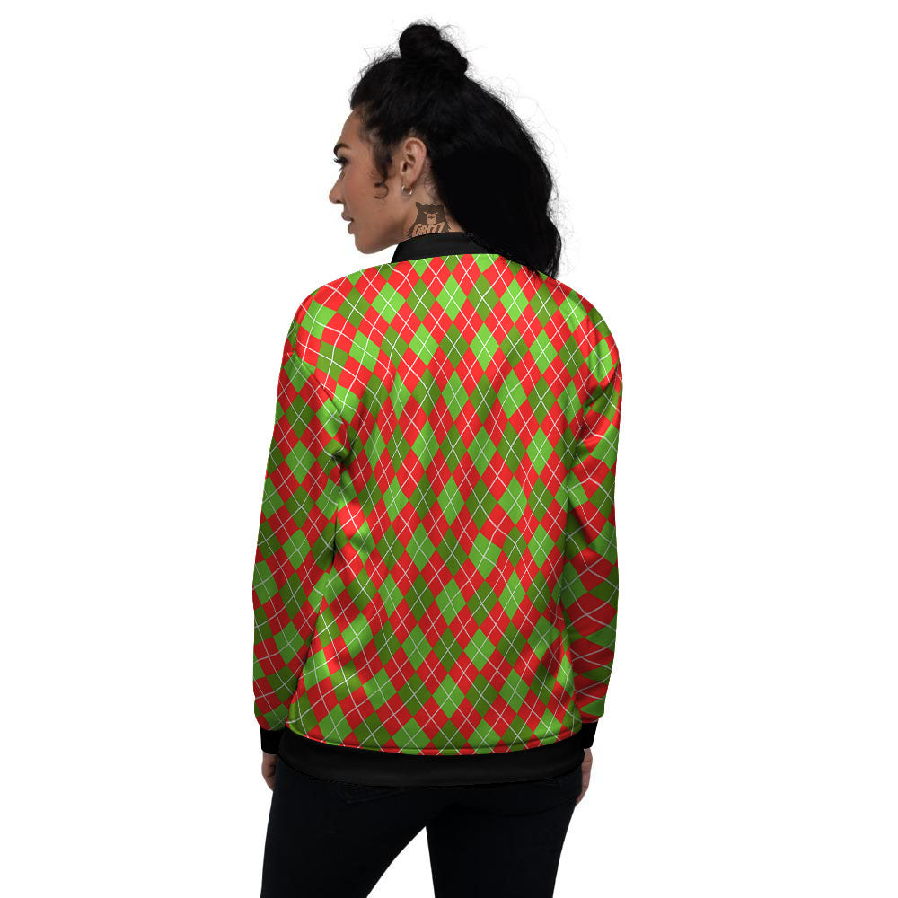 Argyle Red And Green Print Pattern Women's Bomber Jacket-grizzshop
