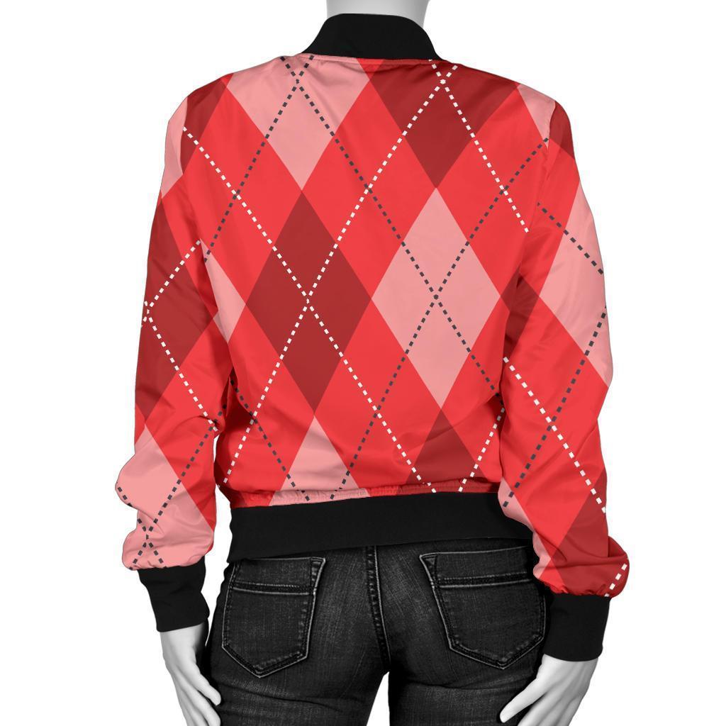Argyle Red Pattern Print Women Casual Bomber Jacket-grizzshop