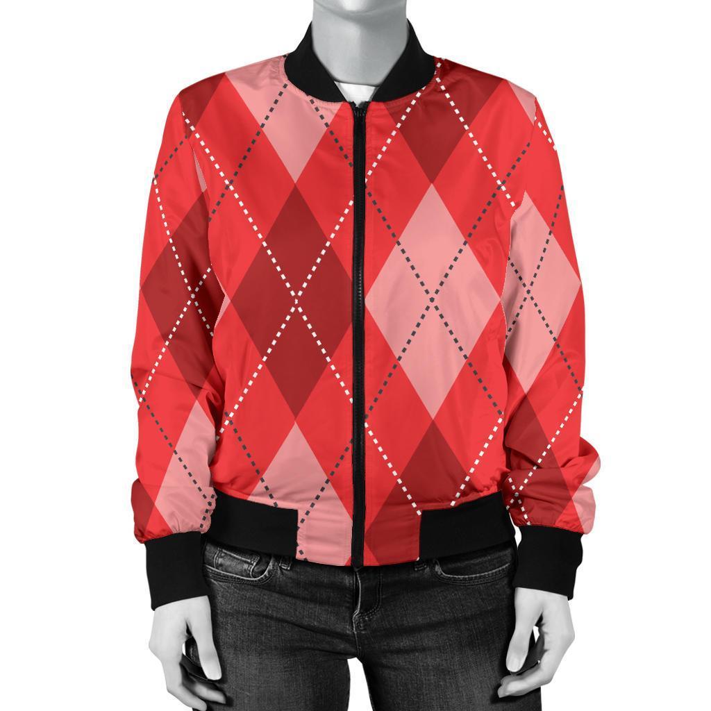 Argyle Red Pattern Print Women Casual Bomber Jacket-grizzshop