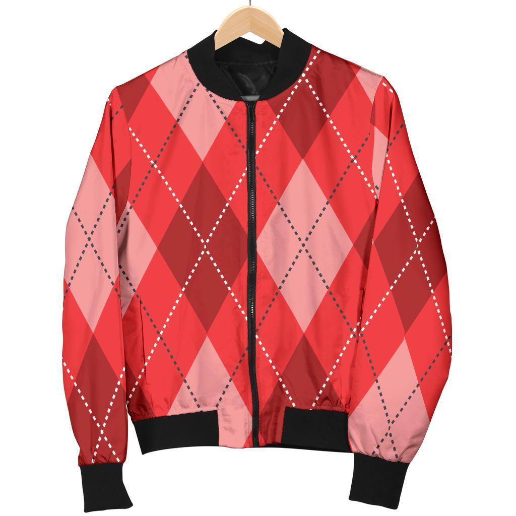 Argyle Red Pattern Print Women Casual Bomber Jacket-grizzshop