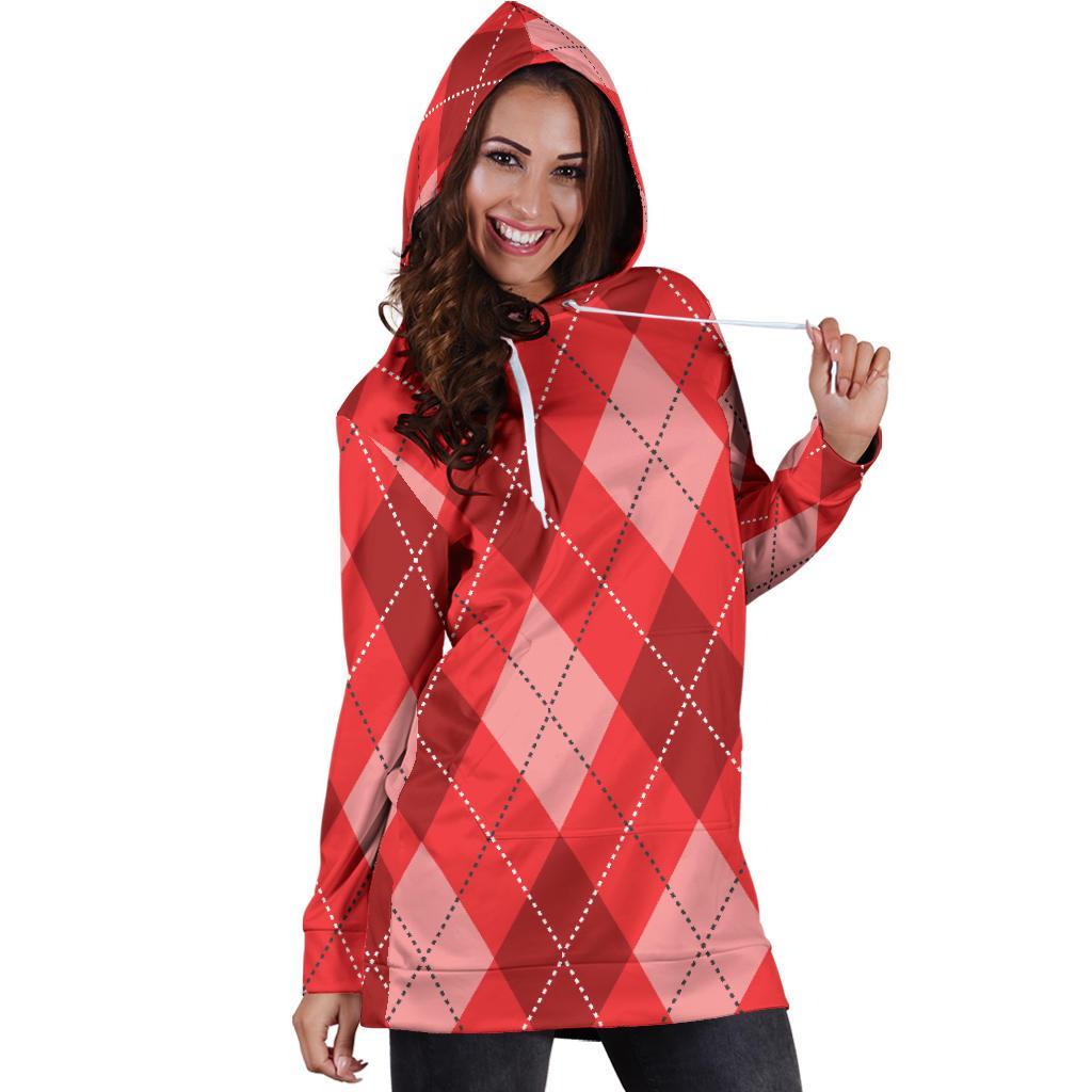 Argyle Red Pattern Print Women Hoodie Dress-grizzshop
