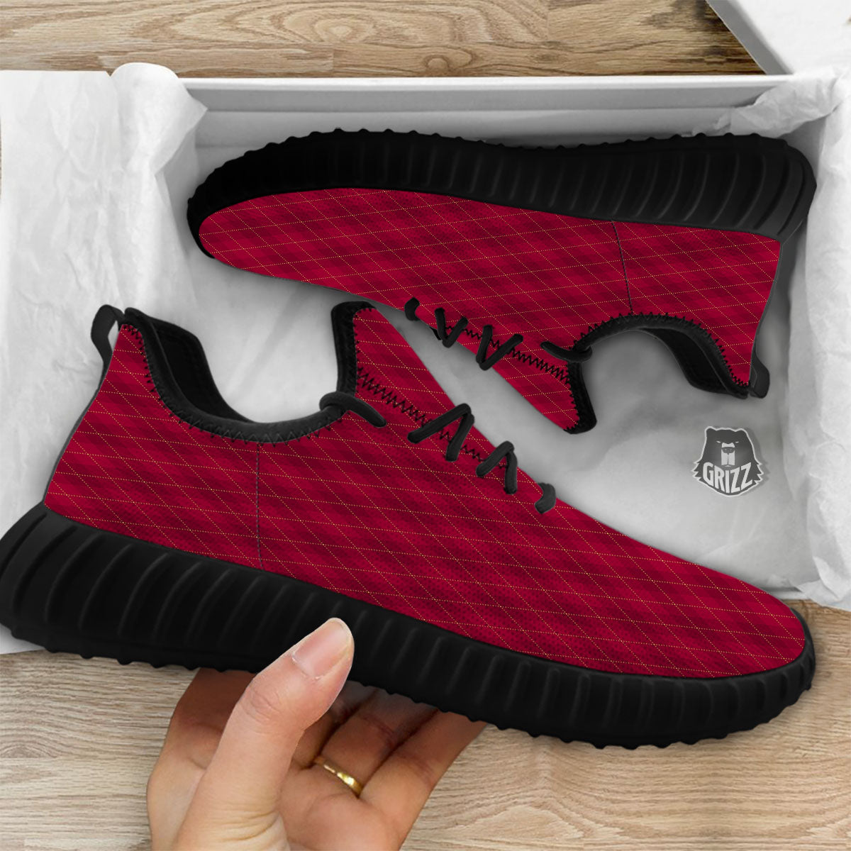 Argyle Red Print Pattern Black Walking Shoes-grizzshop