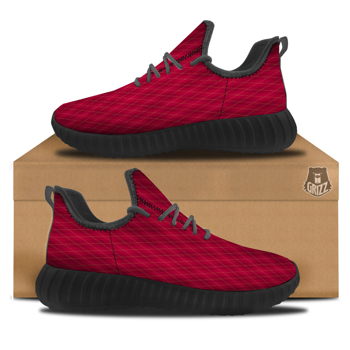 Argyle Red Print Pattern Black Walking Shoes-grizzshop
