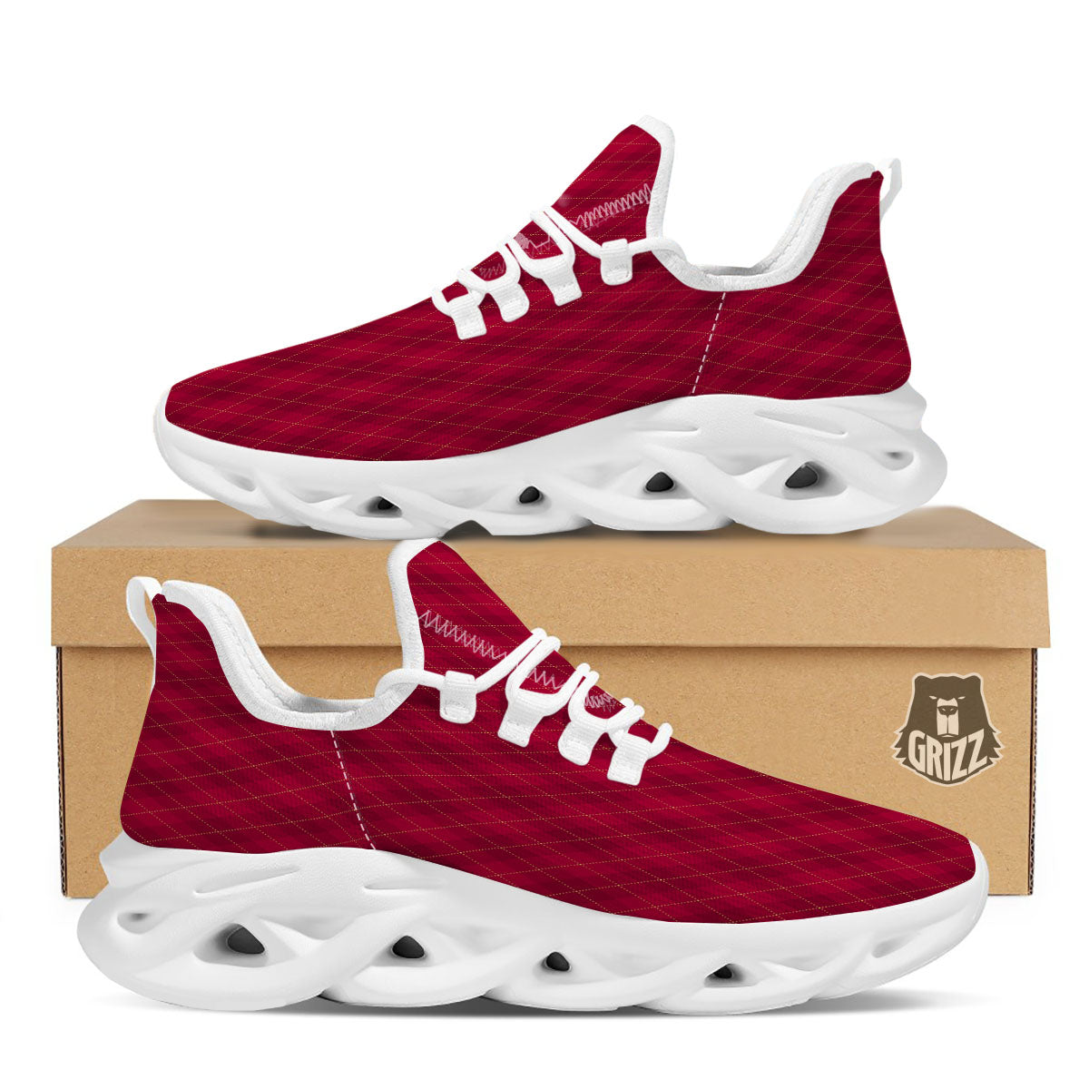 Argyle Red Print Pattern White Running Shoes-grizzshop